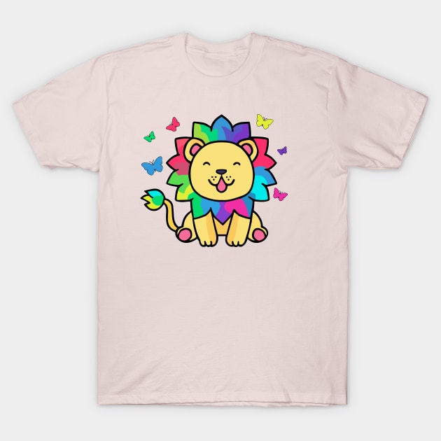 Happy smiling lion with butterflies. Kawaii cartoon T-Shirt by SPJE Illustration Photography